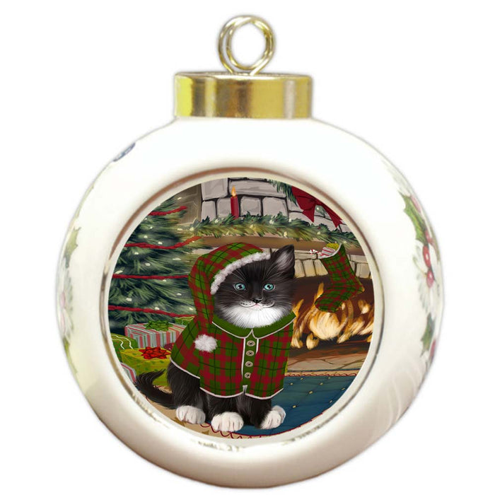 The Stocking was Hung Tuxedo Cat Round Ball Christmas Ornament RBPOR55998