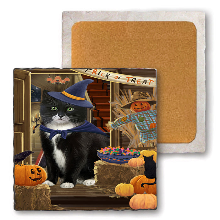Enter at Own Risk Trick or Treat Halloween Tuxedo Cat Set of 4 Natural Stone Marble Tile Coasters MCST48319