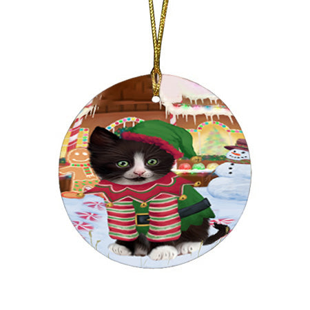 Christmas Gingerbread House Candyfest Tuxedo Cat Round Flat Christmas Ornament RFPOR56936