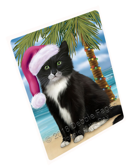 Summertime Happy Holidays Christmas Tuxedo Cat on Tropical Island Beach Large Refrigerator / Dishwasher Magnet RMAG88428