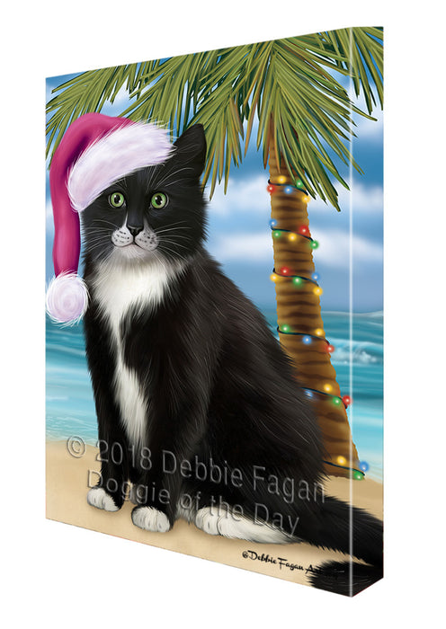 Summertime Happy Holidays Christmas Tuxedo Cat on Tropical Island Beach Canvas Print Wall Art Décor CVS109169