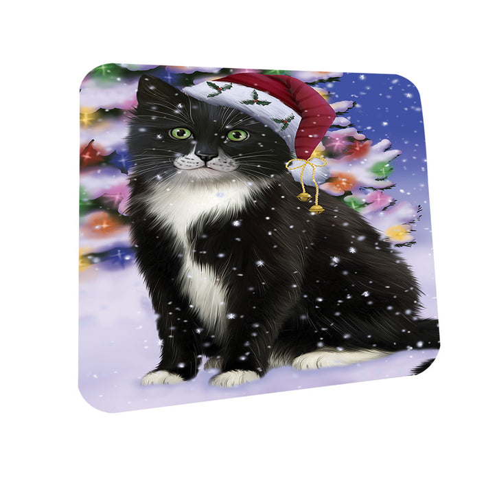 Winterland Wonderland Tuxedo Cat In Christmas Holiday Scenic Background Coasters Set of 4 CST53742