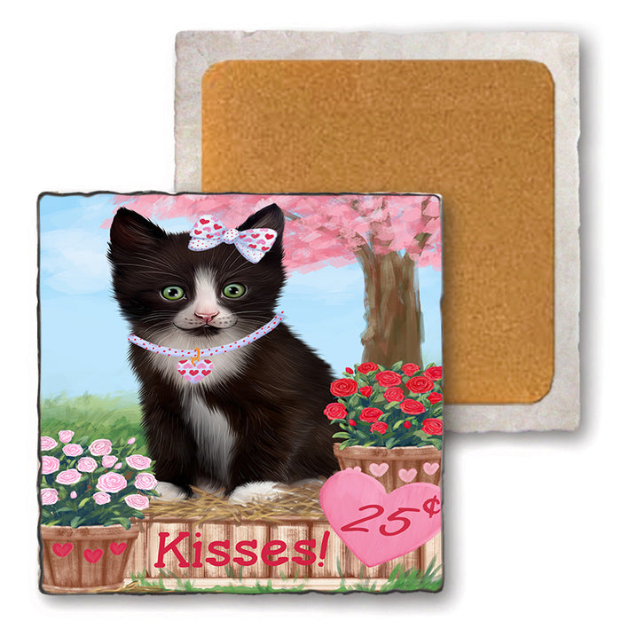 Rosie 25 Cent Kisses Tuxedo Cat Set of 4 Natural Stone Marble Tile Coasters MCST51253