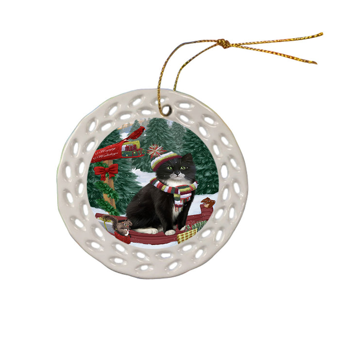 Merry Christmas Woodland Sled Tuxedo Cat Ceramic Doily Ornament DPOR55417