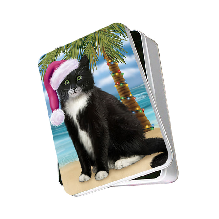 Summertime Happy Holidays Christmas Tuxedo Cat on Tropical Island Beach Photo Storage Tin PITN54406