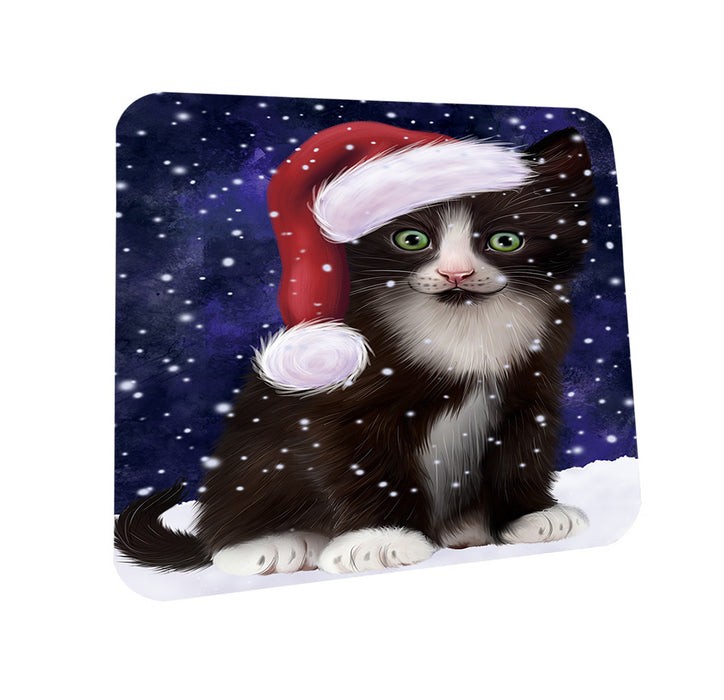 Let it Snow Christmas Holiday Tuxedo Cat Wearing Santa Hat Coasters Set of 4 CST54287