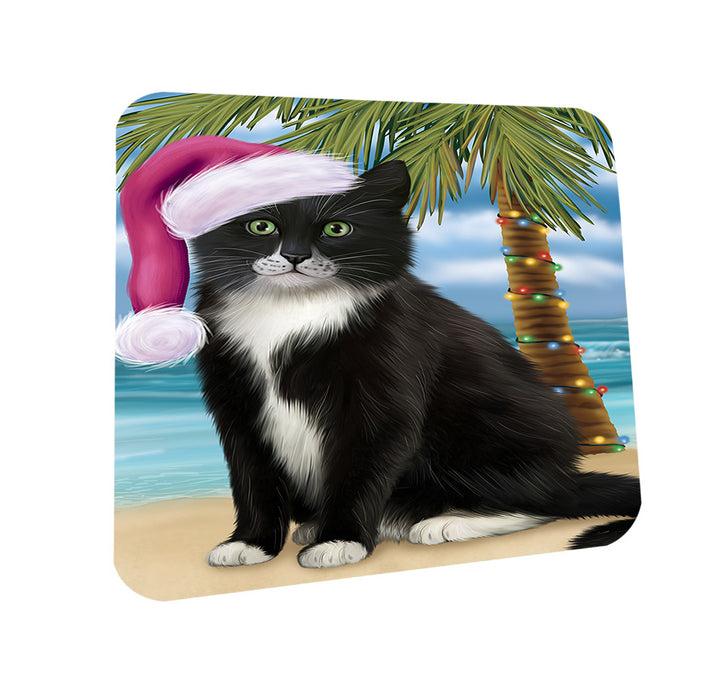 Summertime Happy Holidays Christmas Tuxedo Cat on Tropical Island Beach Coasters Set of 4 CST54421