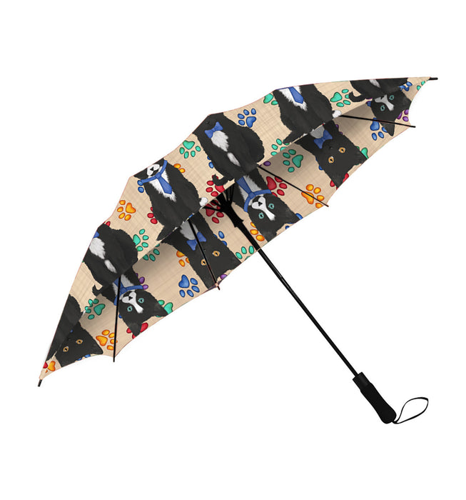 Rainbow Paw Print Tuxedo Cats Blue Semi-Automatic Foldable Umbrella