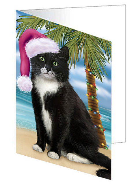 Summertime Happy Holidays Christmas Tuxedo Cat on Tropical Island Beach Handmade Artwork Assorted Pets Greeting Cards and Note Cards with Envelopes for All Occasions and Holiday Seasons GCD67802
