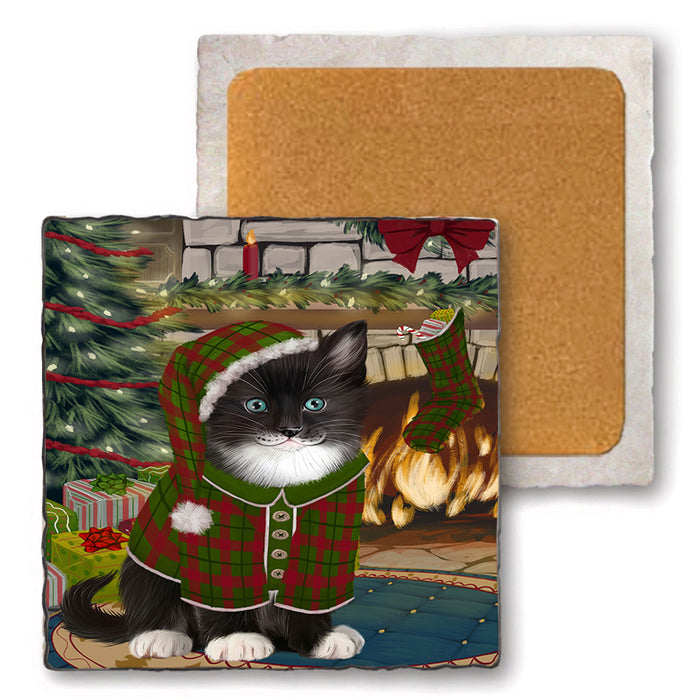 The Stocking was Hung Tuxedo Cat Set of 4 Natural Stone Marble Tile Coasters MCST50642