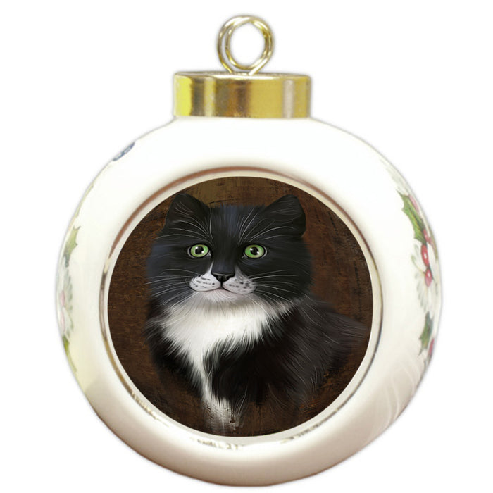 Rustic Tuxedo Cat Round Ball Christmas Ornament RBPOR54496