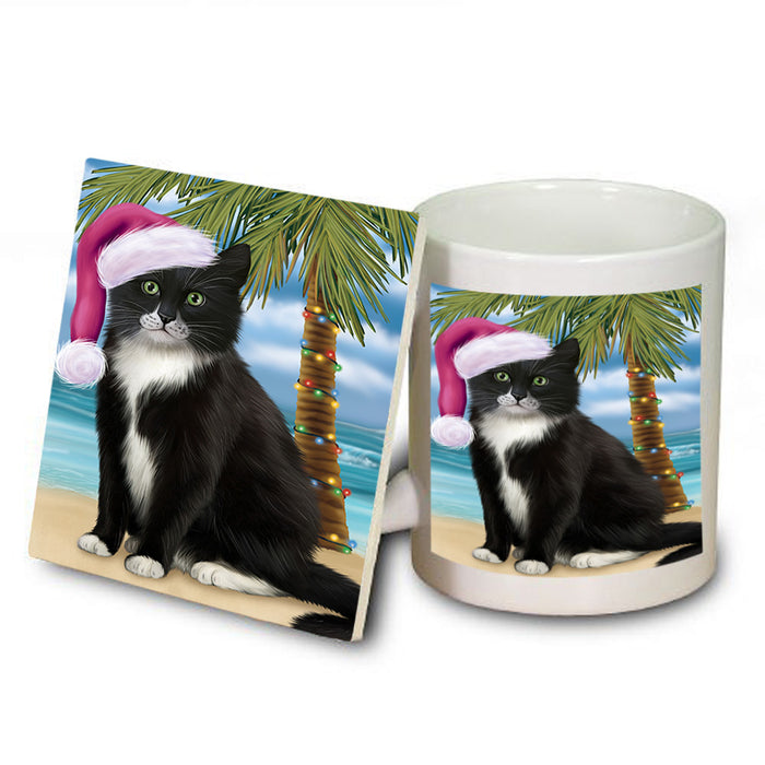 Summertime Happy Holidays Christmas Tuxedo Cat on Tropical Island Beach Mug and Coaster Set MUC54455