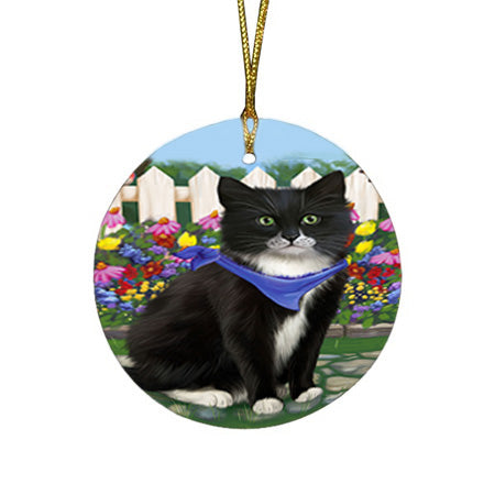 Spring Floral Tuxedo Cat Round Flat Christmas Ornament RFPOR52271