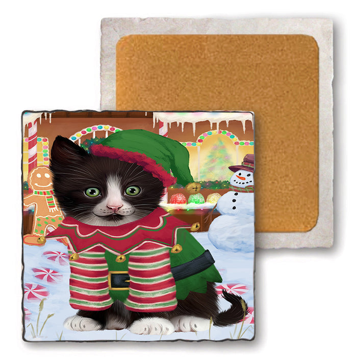Christmas Gingerbread House Candyfest Tuxedo Cat Set of 4 Natural Stone Marble Tile Coasters MCST51580