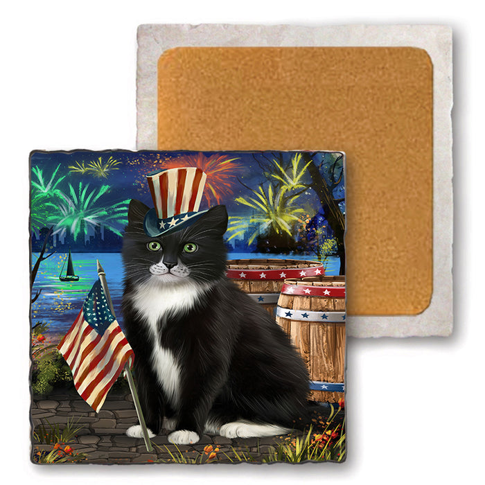 4th of July Independence Day Firework Tuxedo Cat Set of 4 Natural Stone Marble Tile Coasters MCST49101