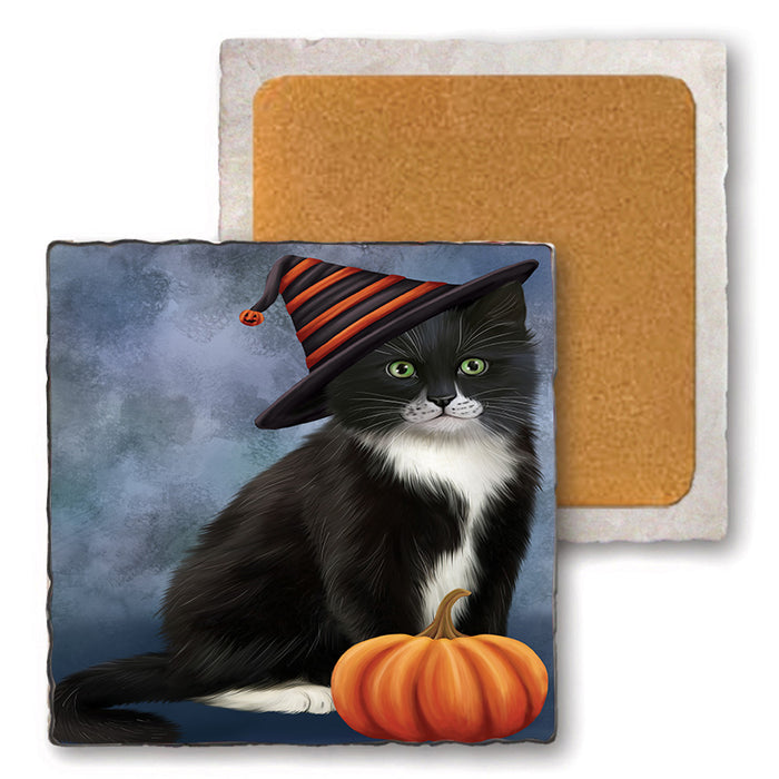 Happy Halloween Tuxedo Cat Wearing Witch Hat with Pumpkin Set of 4 Natural Stone Marble Tile Coasters MCST49748