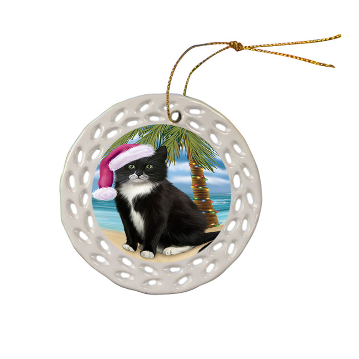 Summertime Happy Holidays Christmas Tuxedo Cat on Tropical Island Beach Ceramic Doily Ornament DPOR54591
