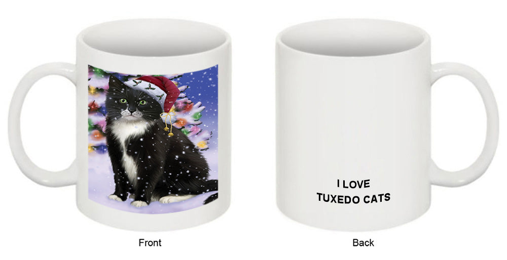 Winterland Wonderland Tuxedo Cat In Christmas Holiday Scenic Background Coffee Mug MUG49182