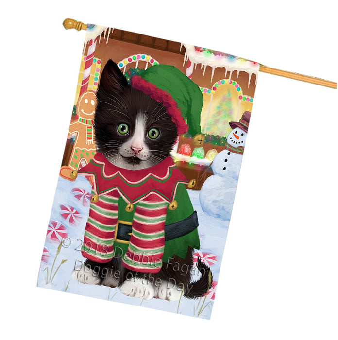 Christmas Gingerbread House Candyfest Tuxedo Cat House Flag FLG57264