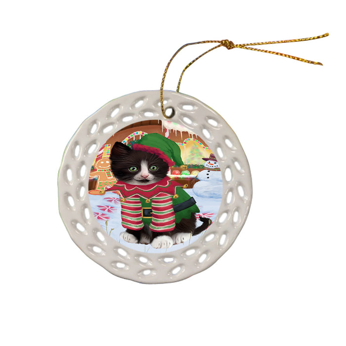 Christmas Gingerbread House Candyfest Tuxedo Cat Ceramic Doily Ornament DPOR56936