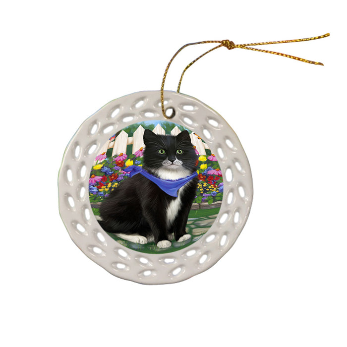 Spring Floral Tuxedo Cat Ceramic Doily Ornament DPOR52280