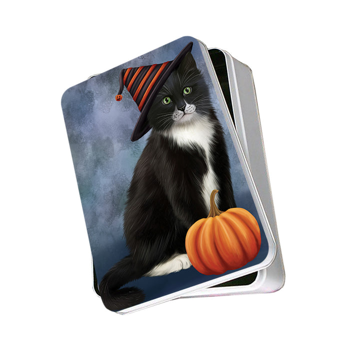 Happy Halloween Tuxedo Cat Wearing Witch Hat with Pumpkin Photo Storage Tin PITN54691