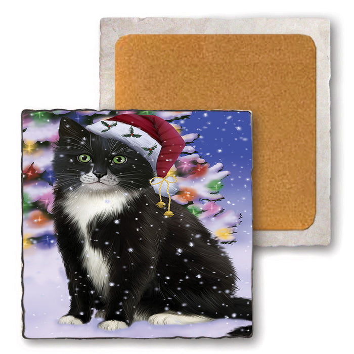 Winterland Wonderland Tuxedo Cat In Christmas Holiday Scenic Background Set of 4 Natural Stone Marble Tile Coasters MCST48784