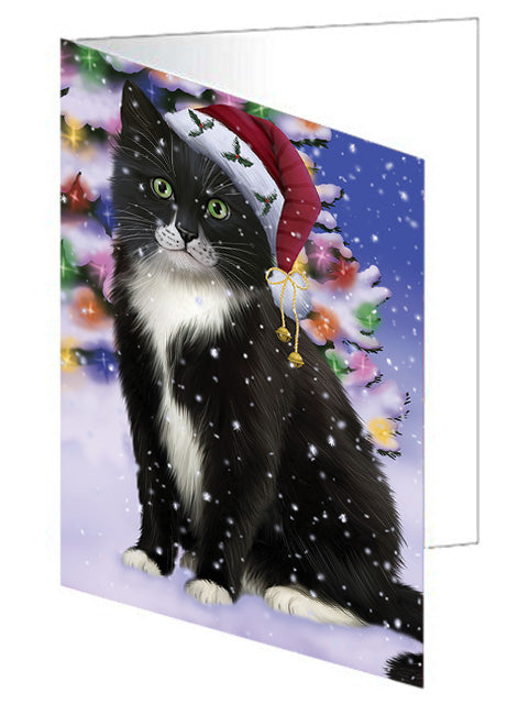 Winterland Wonderland Tuxedo Cat In Christmas Holiday Scenic Background Handmade Artwork Assorted Pets Greeting Cards and Note Cards with Envelopes for All Occasions and Holiday Seasons GCD65381