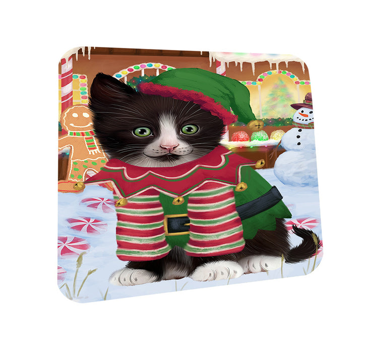 Christmas Gingerbread House Candyfest Tuxedo Cat Coasters Set of 4 CST56538