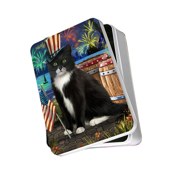 4th of July Independence Day Fireworks Tuxedo Cat at the Lake Photo Storage Tin PITN51243