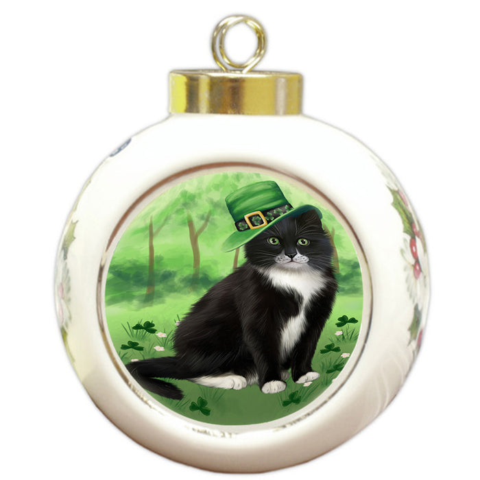 St. Patricks Day Irish Portrait Tuxedo Cat Round Ball Christmas Ornament RBPOR58179