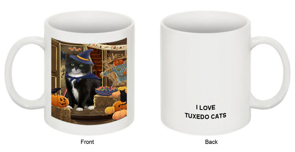 Enter at Own Risk Trick or Treat Halloween Tuxedo Cat Coffee Mug MUG48717