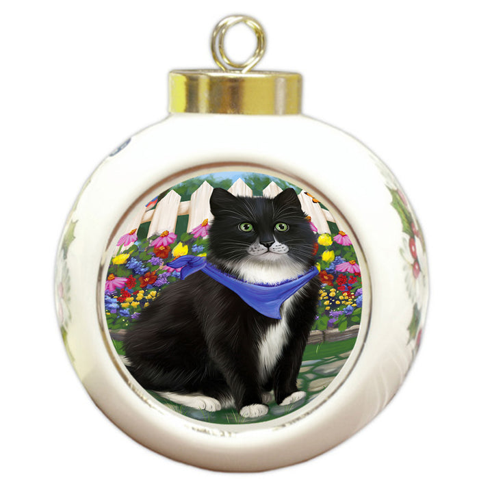 Spring Floral Tuxedo Cat Round Ball Christmas Ornament RBPOR52280