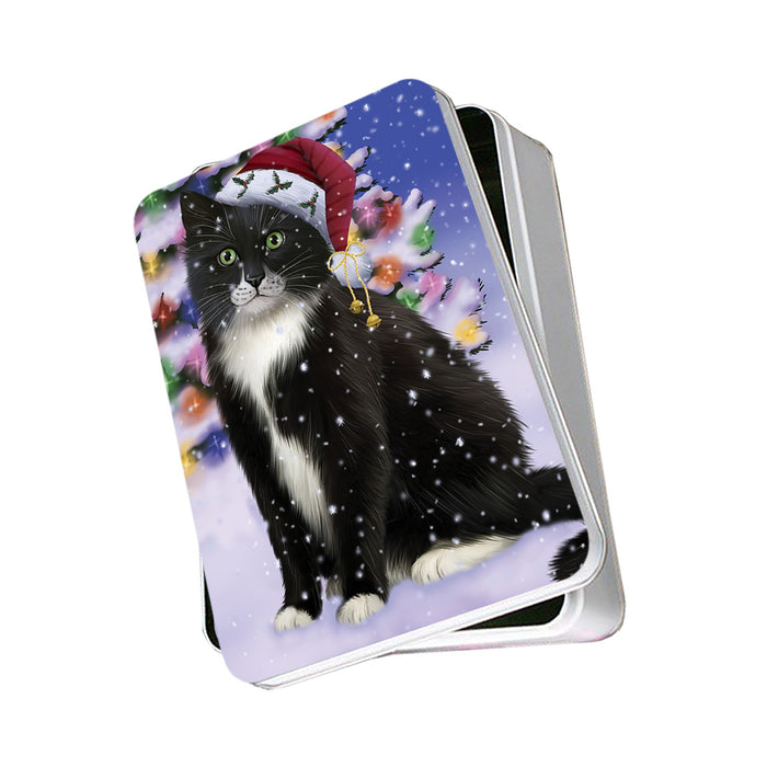 Winterland Wonderland Tuxedo Cat In Christmas Holiday Scenic Background Photo Storage Tin PITN53727