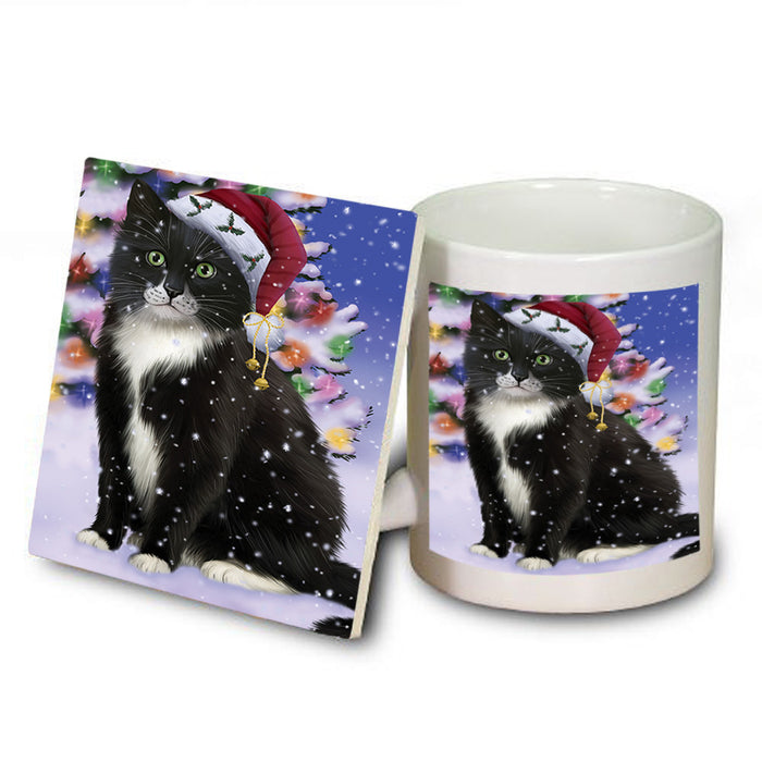 Winterland Wonderland Tuxedo Cat In Christmas Holiday Scenic Background Mug and Coaster Set MUC53776