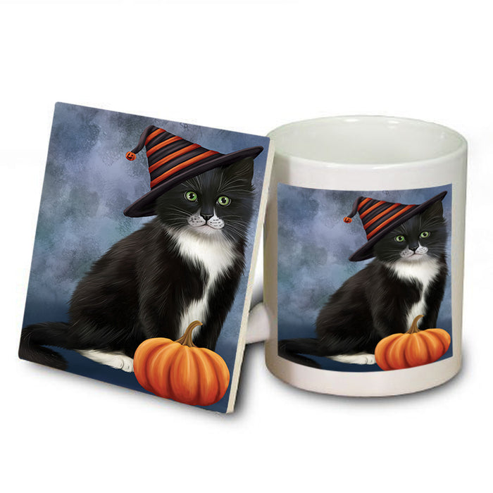 Happy Halloween Tuxedo Cat Wearing Witch Hat with Pumpkin Mug and Coaster Set MUC54740