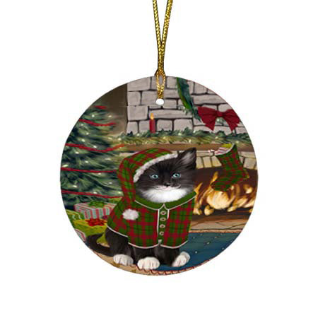 The Stocking was Hung Tuxedo Cat Round Flat Christmas Ornament RFPOR55998