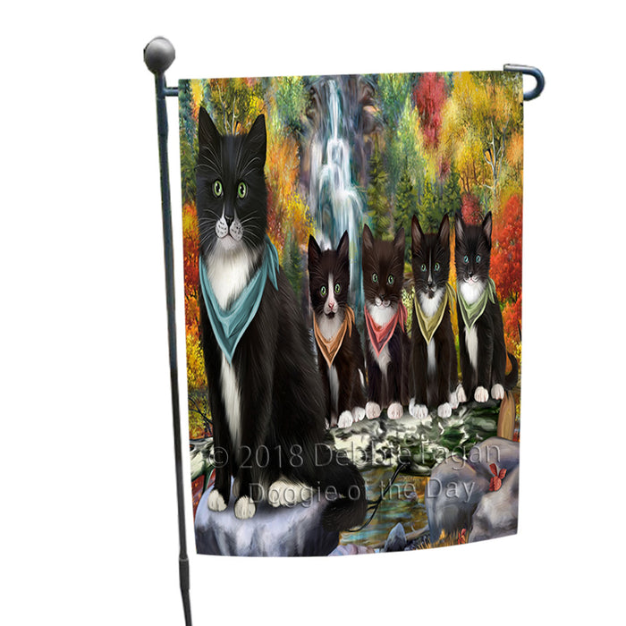 Scenic Waterfall Tuxedo Cats Garden Flag GFLG51971
