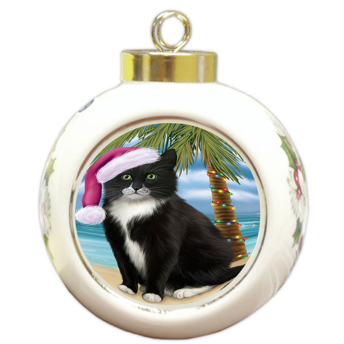 Summertime Happy Holidays Christmas Tuxedo Cat on Tropical Island Beach Round Ball Christmas Ornament RBPOR54591