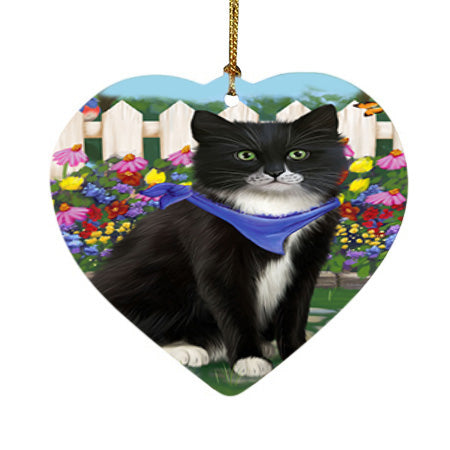 Spring Floral Tuxedo Cat Heart Christmas Ornament HPOR52280