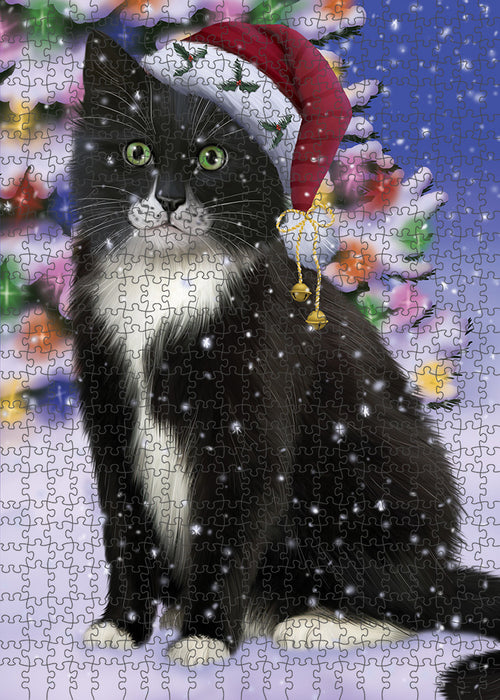 Winterland Wonderland Tuxedo Cat In Christmas Holiday Scenic Background Puzzle with Photo Tin PUZL82292