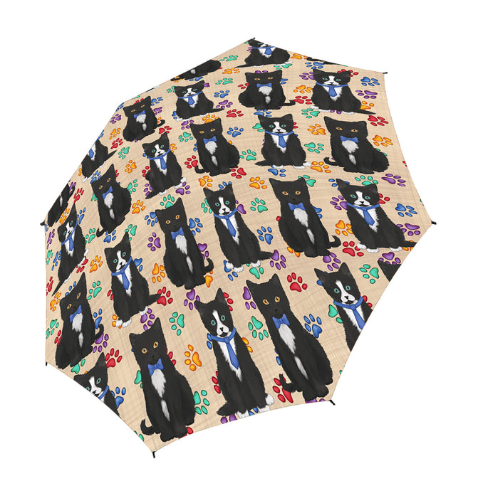 Rainbow Paw Print Tuxedo Cats Blue Semi-Automatic Foldable Umbrella