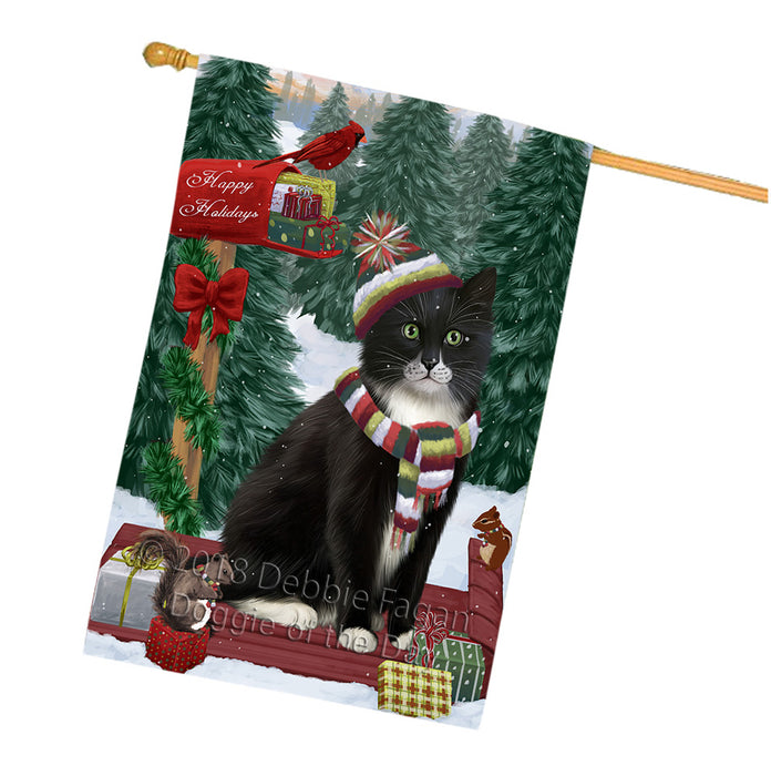 Merry Christmas Woodland Sled Tuxedo Cat House Flag FLG55490