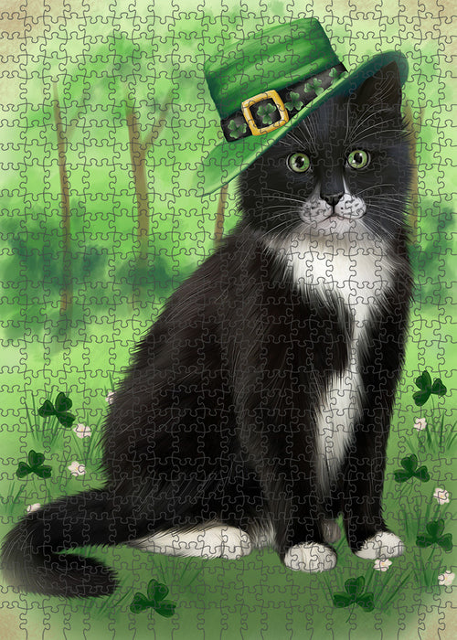 St. Patricks Day Irish Portrait Tuxedo Cat Portrait Jigsaw Puzzle for Adults Animal Interlocking Puzzle Game Unique Gift for Dog Lover's with Metal Tin Box PZL095