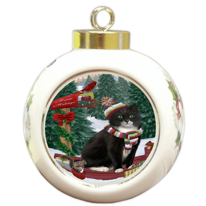 Merry Christmas Woodland Sled Tuxedo Cat Round Ball Christmas Ornament RBPOR55417