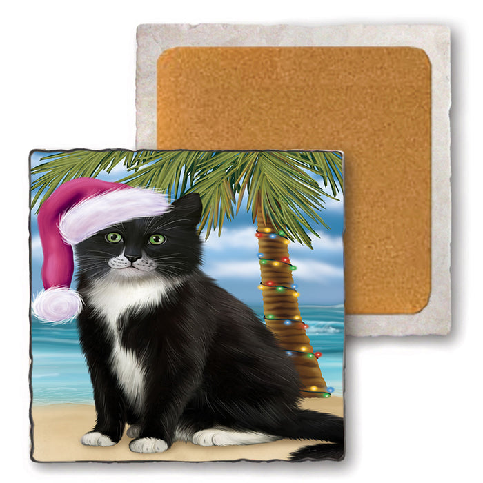 Summertime Happy Holidays Christmas Tuxedo Cat on Tropical Island Beach Set of 4 Natural Stone Marble Tile Coasters MCST49463
