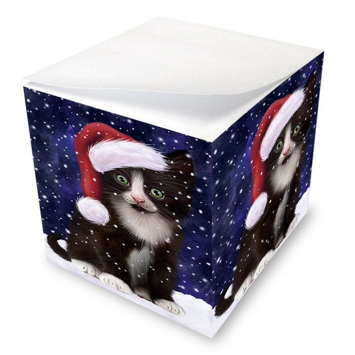 Let it Snow Christmas Holiday Tuxedo Cat Wearing Santa Hat Note Cube NOC55975