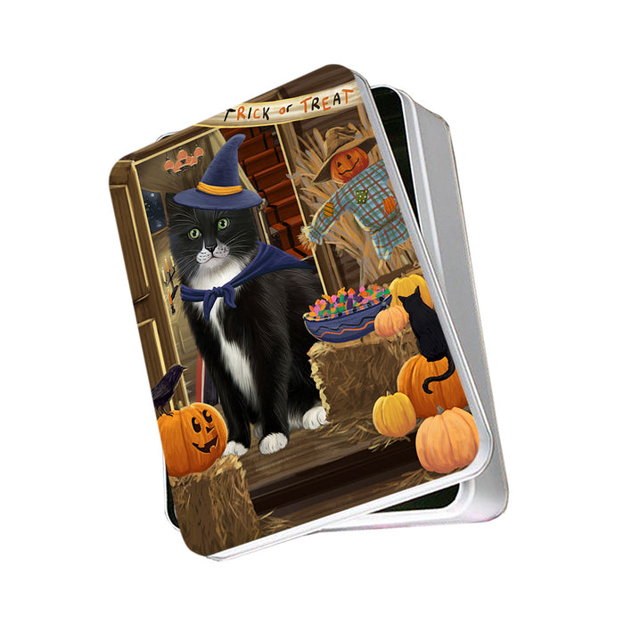 Enter at Own Risk Trick or Treat Halloween Tuxedo Cat Photo Storage Tin PITN53319