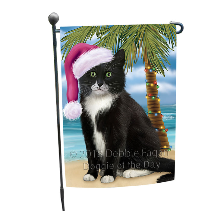 Summertime Happy Holidays Christmas Tuxedo Cat on Tropical Island Beach Garden Flag GFLG54653