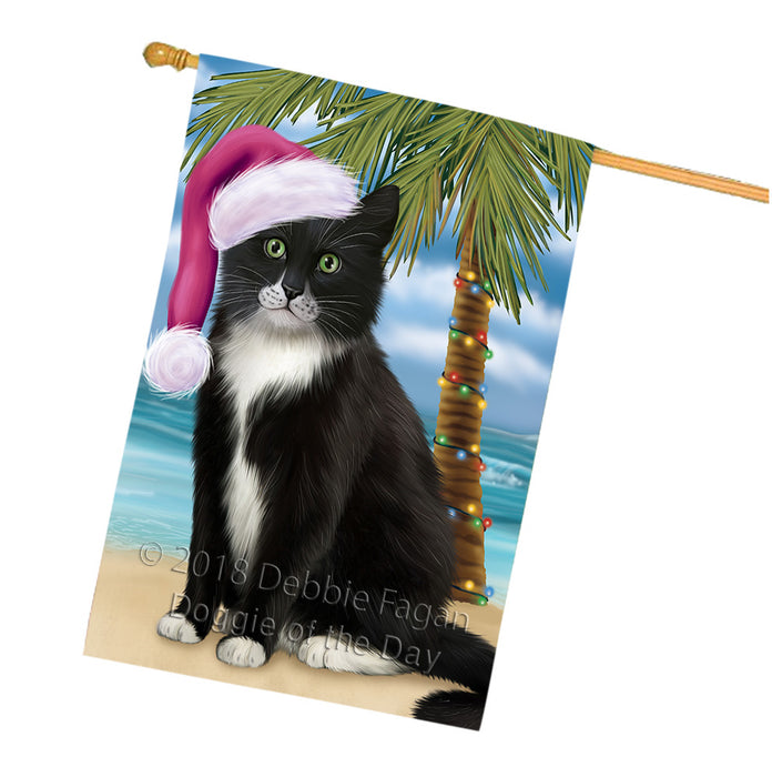 Summertime Happy Holidays Christmas Tuxedo Cat on Tropical Island Beach House Flag FLG54789